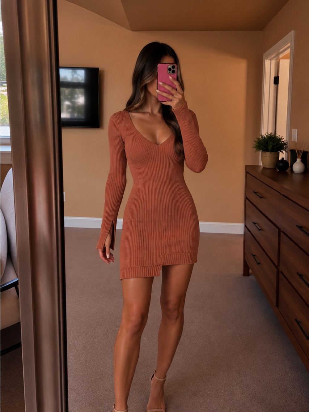 Lovers + Friends Ribbed V-Neck Mini Dress - Terracotta